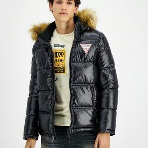 Guess Puffer Jacket Mens Sz‎ XL Gray Removable Hood Faux Fur Zip Front NWT $250